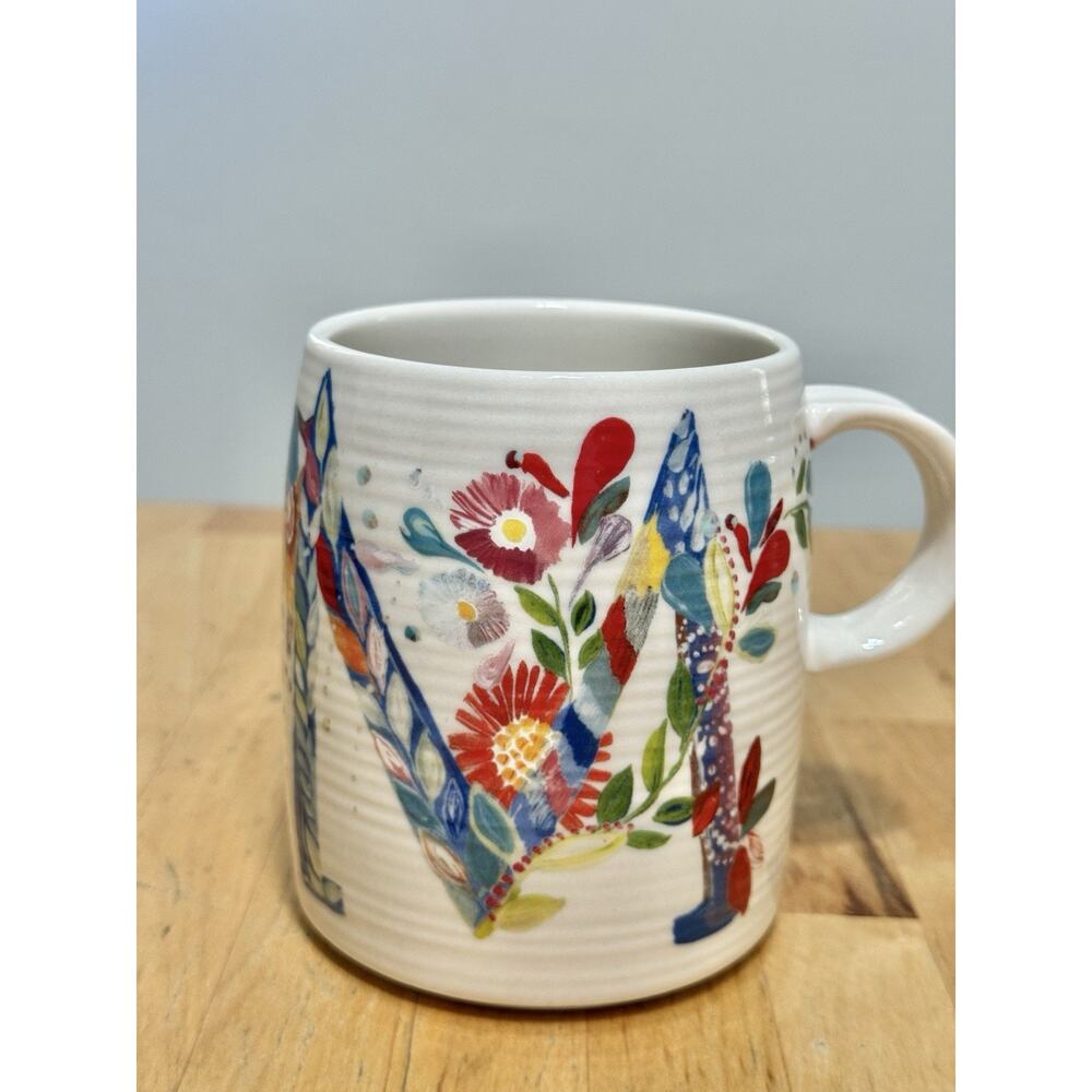 Anthropologie Starla Halfmann w/Floral Design Letter "M" Coffee Tea Mug NEW